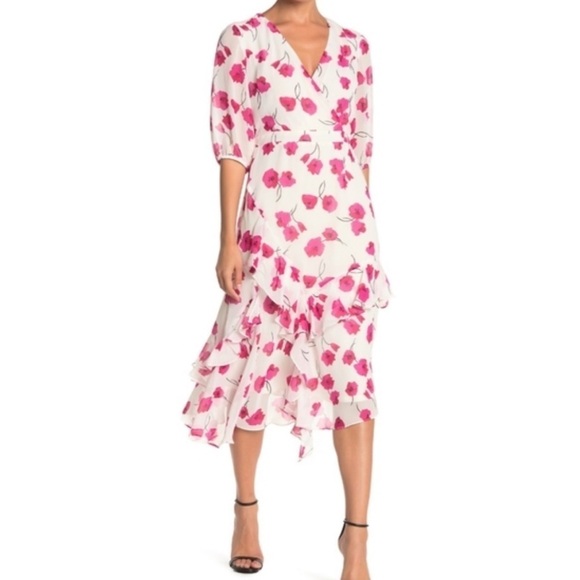 Gabby Skye Floral Ruffled Chiffon Midi Dress,White/Pink Size 4 - Picture 1 of 16